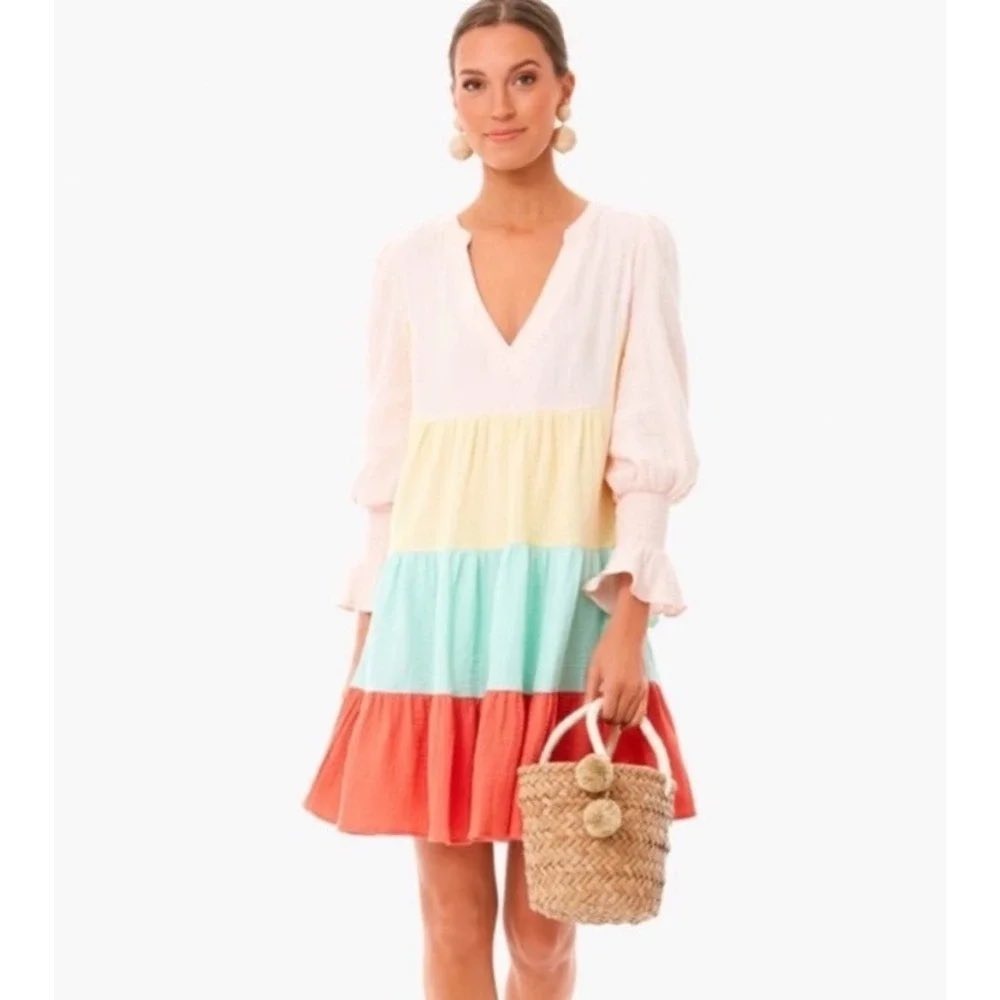 Pomander‎ Place Sorbet Gauze Kenzo Dress S Color Block Tiered Gauze Mini V-Neck